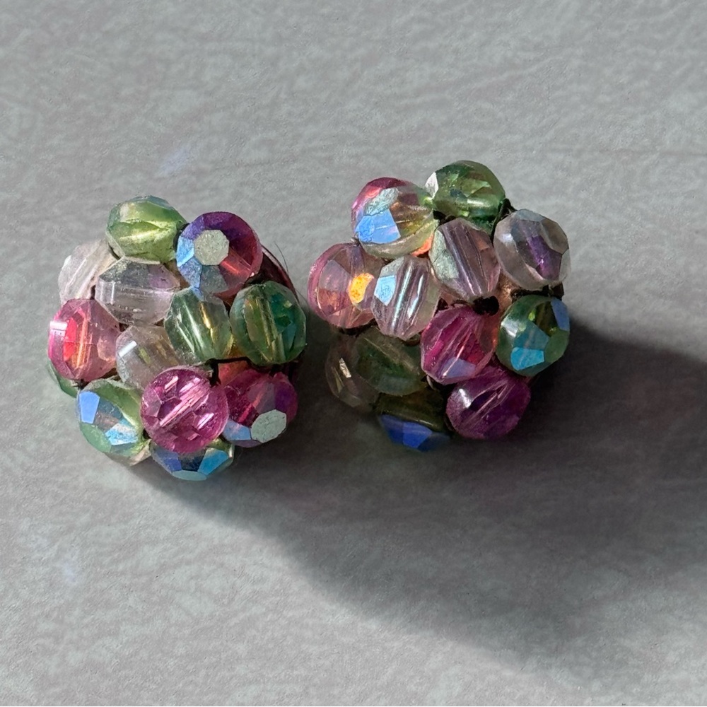 Vintage Les Bernard Multicolor Faceted Bead Clip-On Earrings | 2 cm